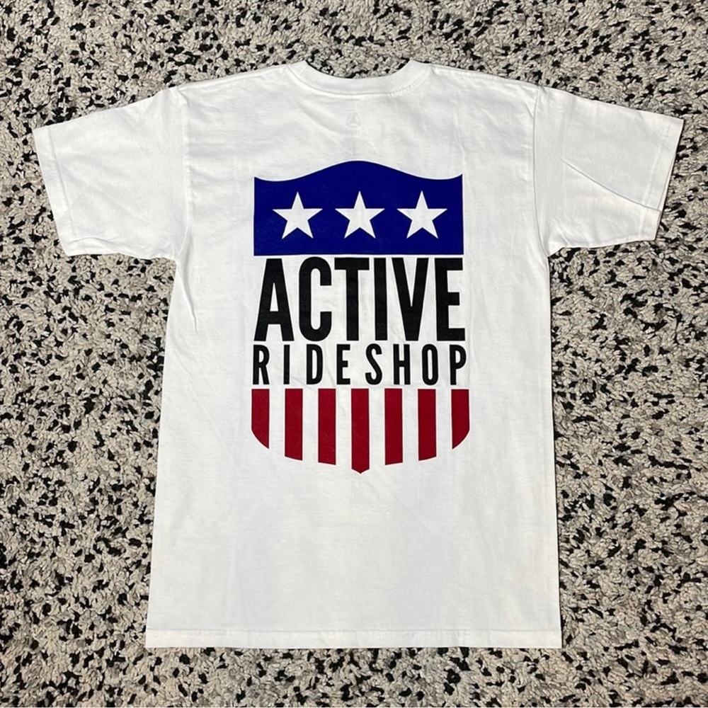 Active Ride Shop Tee Shirt Red White Blue Logo Short Sleeve Men’s Size Small